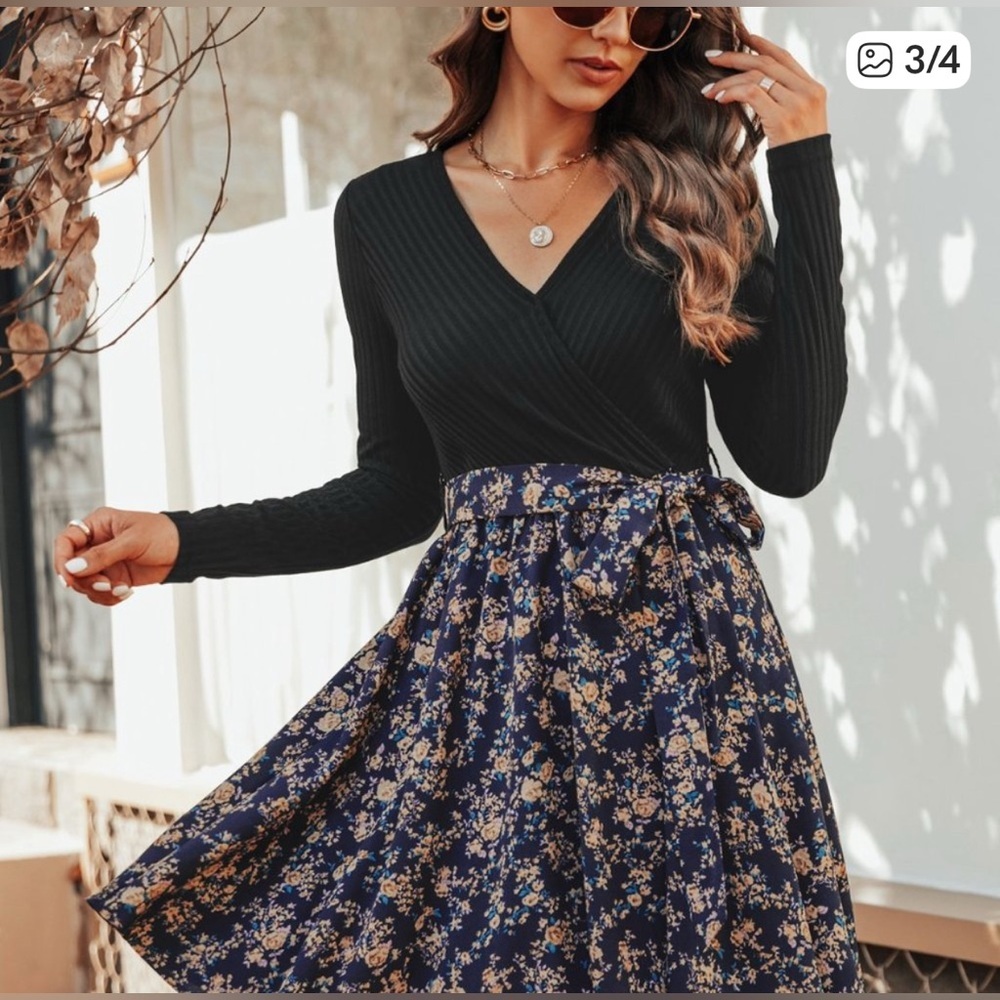 NWT Black Golden Ditsy Floral Print A Line Long Sleeve Mini Dress - Picture 3 of 4